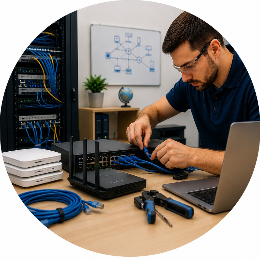 Technician configuring network equipment